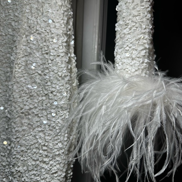 Long Sleeved Sequin Mini Dress w/ Feather Trim - Picture 10 of 12